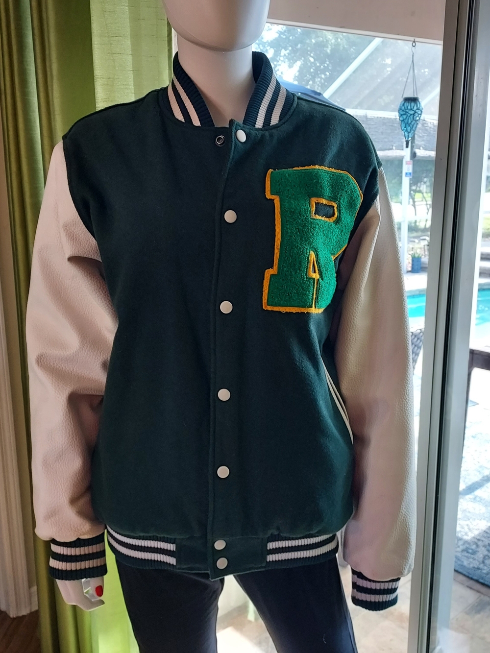 1980's Green Wool &  White Leather Letterman Varsity Jacket with R Patch. Sz 40R